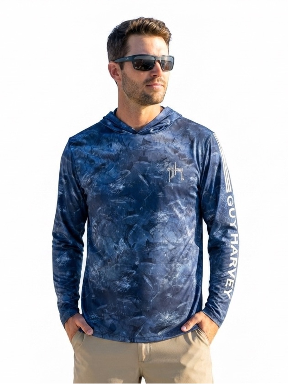 Guy Harvey Men's XXL Performance Fishing Hoodie Blue Marlin Print Sun Protection